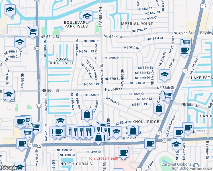 map of restaurants, bars, coffee shops, grocery stores, and more near 5630 Northeast 18th Avenue in Fort Lauderdale