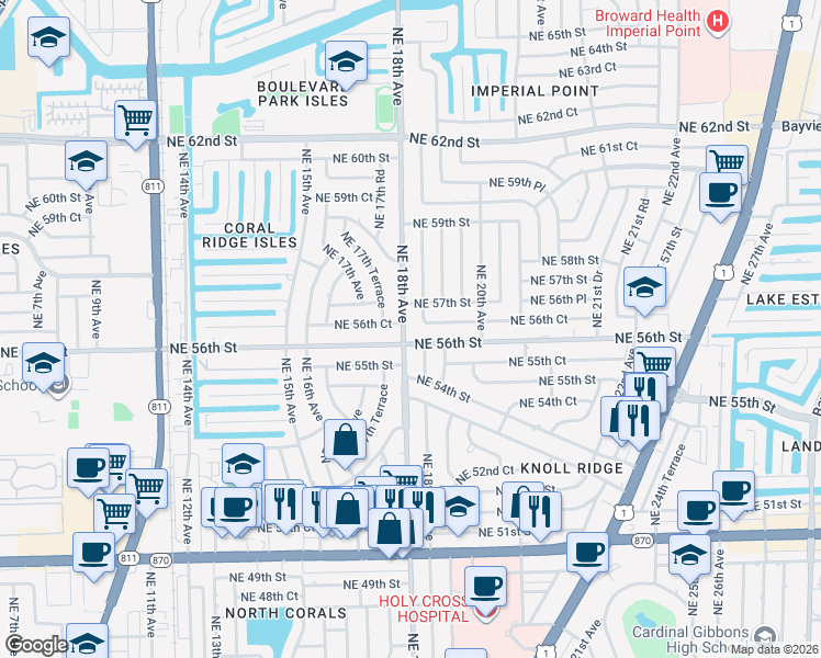 map of restaurants, bars, coffee shops, grocery stores, and more near 5630 Northeast 18th Avenue in Fort Lauderdale