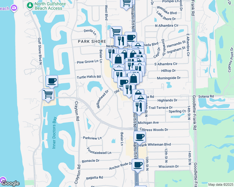 map of restaurants, bars, coffee shops, grocery stores, and more near 4104 Belair Lane in Naples