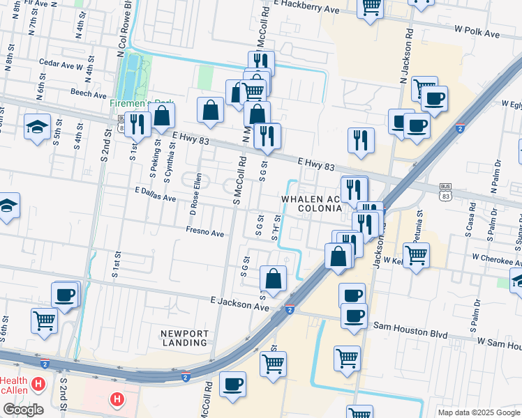 map of restaurants, bars, coffee shops, grocery stores, and more near 300 South G Street in McAllen