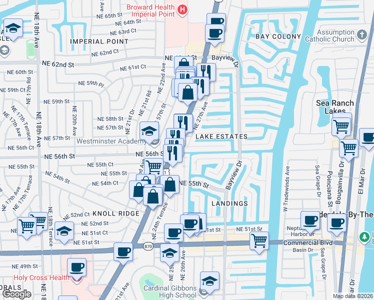 map of restaurants, bars, coffee shops, grocery stores, and more near 5600 North Federal Highway in Fort Lauderdale