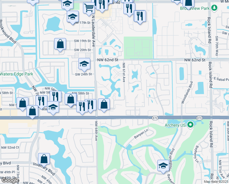 map of restaurants, bars, coffee shops, grocery stores, and more near 5851 Northwest 62nd Avenue in Tamarac