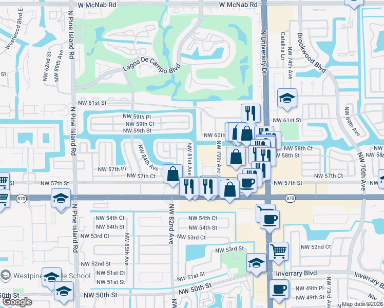 map of restaurants, bars, coffee shops, grocery stores, and more near 5802 Northwest 81st Avenue in Tamarac