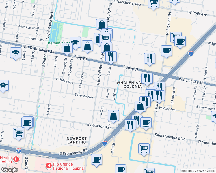 map of restaurants, bars, coffee shops, grocery stores, and more near 901 East Dallas Avenue in McAllen