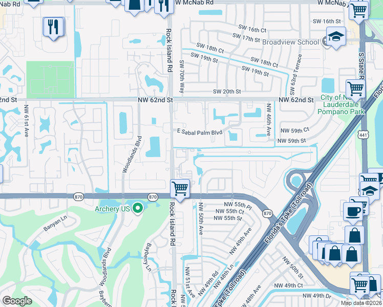 map of restaurants, bars, coffee shops, grocery stores, and more near 5180 East Sabal Palm Boulevard in Tamarac