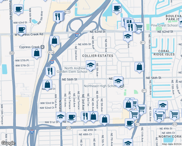 map of restaurants, bars, coffee shops, grocery stores, and more near 345 Northeast 56th Street in Fort Lauderdale