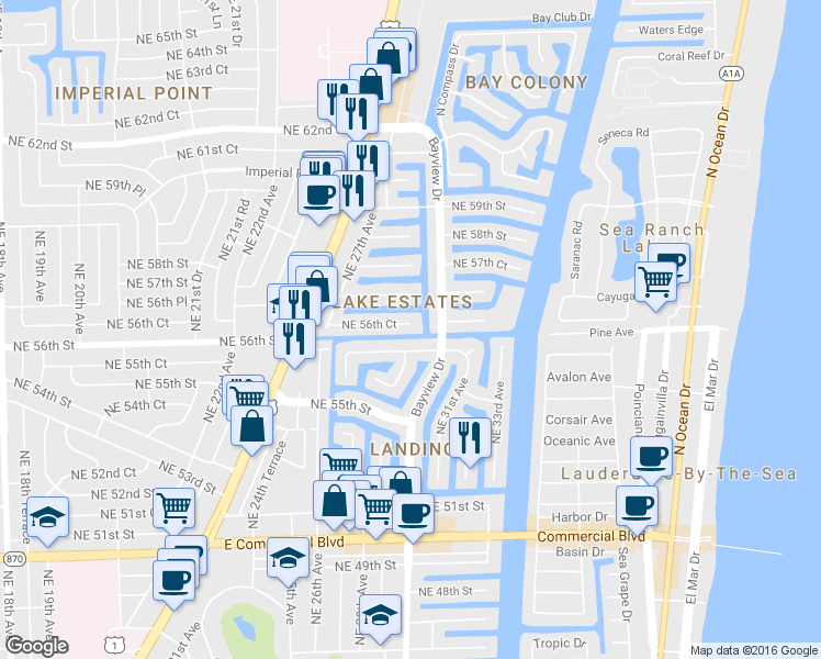 map of restaurants, bars, coffee shops, grocery stores, and more near 2830 Northeast 56th Court in Fort Lauderdale