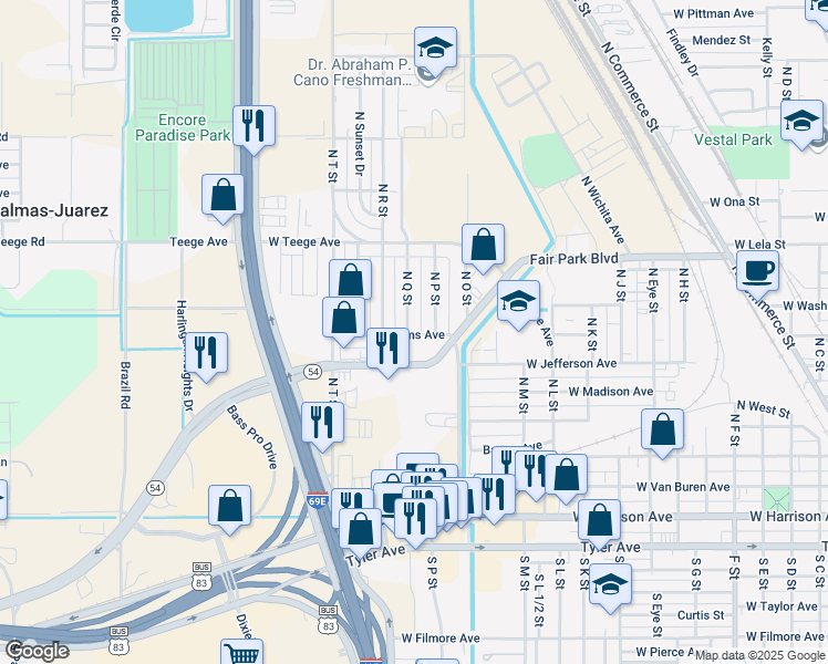 map of restaurants, bars, coffee shops, grocery stores, and more near 514 North Q Street in Harlingen