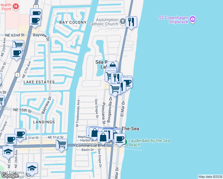 map of restaurants, bars, coffee shops, grocery stores, and more near 4705 Bougainvilla Drive in Sea Ranch Lakes