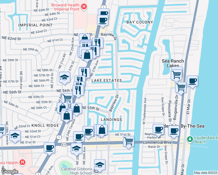 map of restaurants, bars, coffee shops, grocery stores, and more near 2801 Northeast 56th Court in Fort Lauderdale