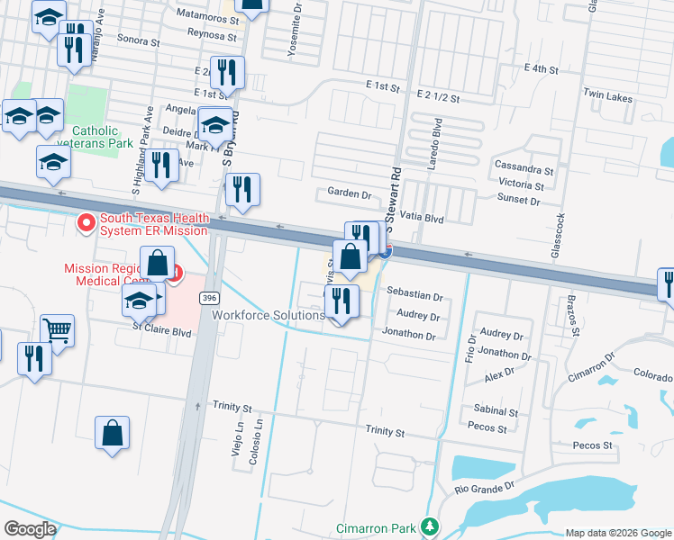 map of restaurants, bars, coffee shops, grocery stores, and more near 805 Travis Street in Mission