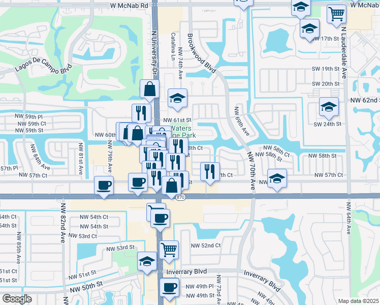 map of restaurants, bars, coffee shops, grocery stores, and more near 7409 Northwest 58th Court in Tamarac