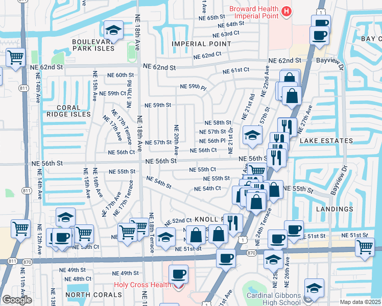 map of restaurants, bars, coffee shops, grocery stores, and more near 2103 Northeast 56th Court in Fort Lauderdale