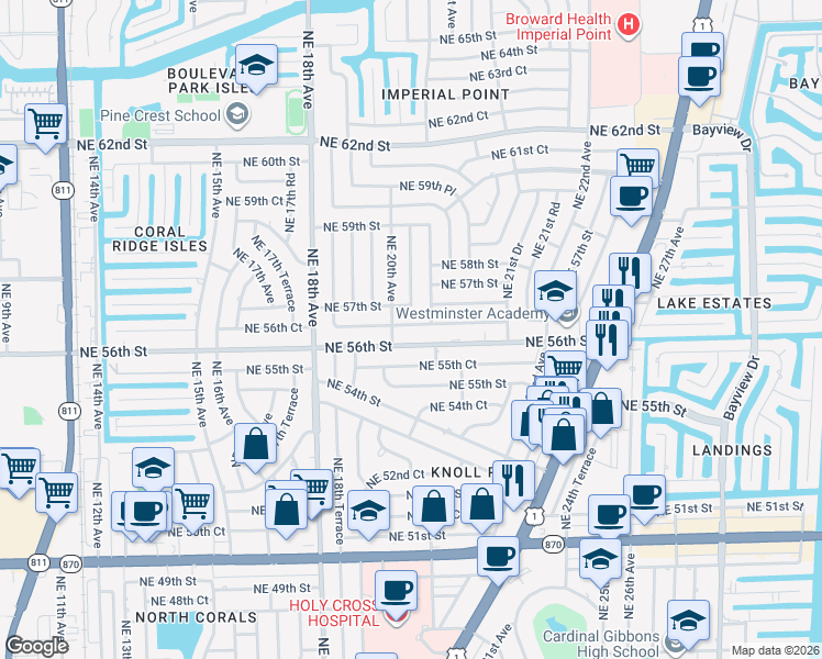 map of restaurants, bars, coffee shops, grocery stores, and more near 5650 Northeast 20th Avenue in Fort Lauderdale