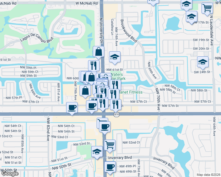 map of restaurants, bars, coffee shops, grocery stores, and more near 7509 Northwest 58th Court in Tamarac