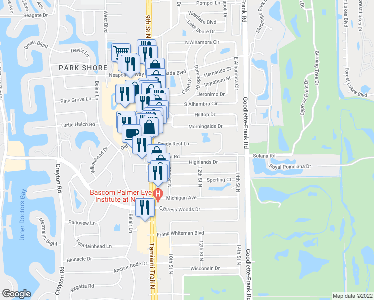 map of restaurants, bars, coffee shops, grocery stores, and more near 1210 Shady Rest Lane in Naples