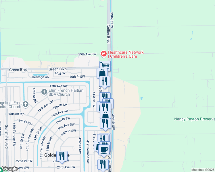 map of restaurants, bars, coffee shops, grocery stores, and more near 12445 Collier Boulevard in Naples