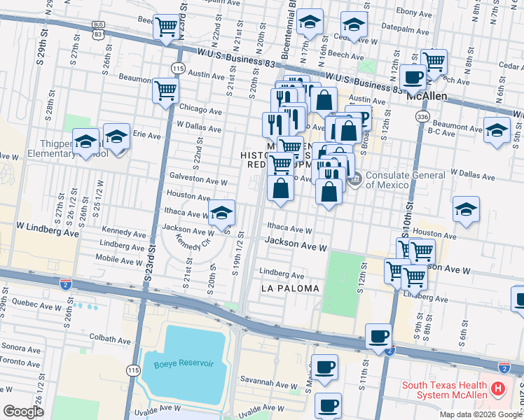 map of restaurants, bars, coffee shops, grocery stores, and more near 721 South Bicentennial Boulevard in McAllen