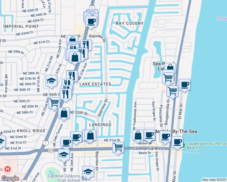 map of restaurants, bars, coffee shops, grocery stores, and more near 3111 Northeast 56th Court in Fort Lauderdale