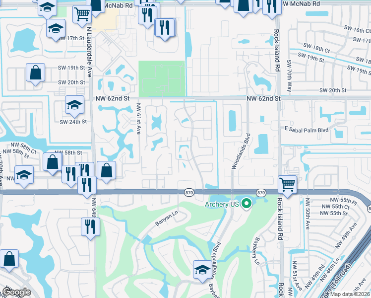 map of restaurants, bars, coffee shops, grocery stores, and more near 16 The Common in Tamarac