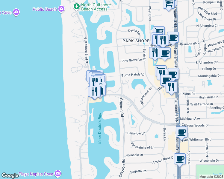 map of restaurants, bars, coffee shops, grocery stores, and more near 255 Park Shore Drive in Naples