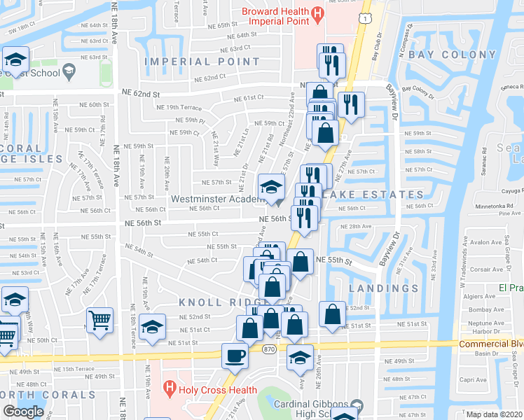 map of restaurants, bars, coffee shops, grocery stores, and more near 2210 Northeast 56th Place in Fort Lauderdale