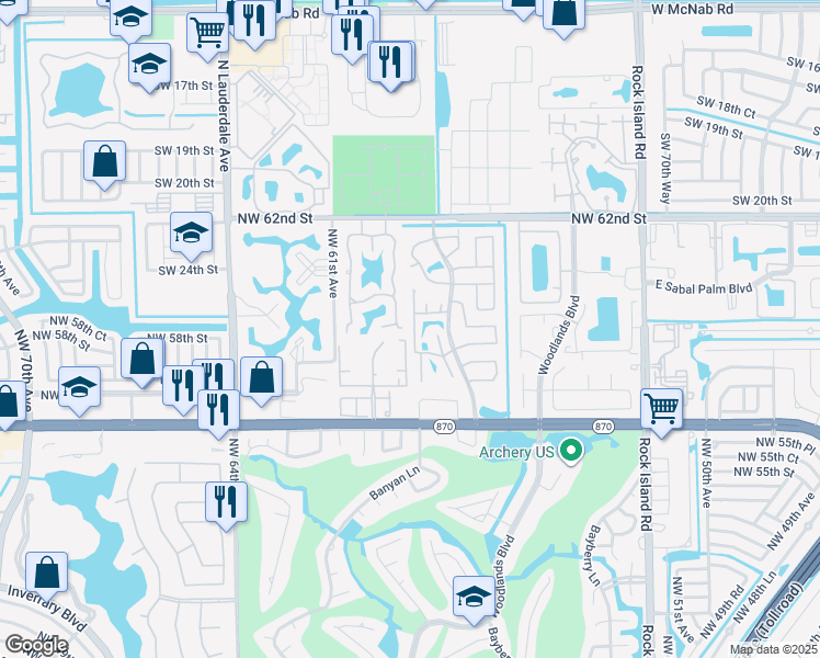 map of restaurants, bars, coffee shops, grocery stores, and more near 5891 Woodland Point Drive in Tamarac