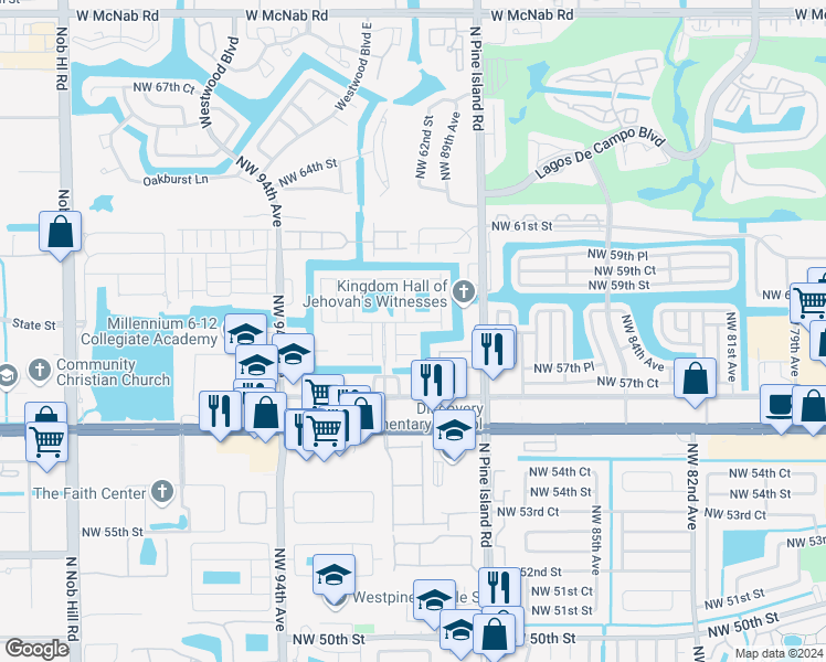 map of restaurants, bars, coffee shops, grocery stores, and more near 5900 Royal Way in Tamarac