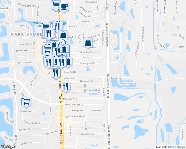 map of restaurants, bars, coffee shops, grocery stores, and more near 1357 Solana Road in Naples