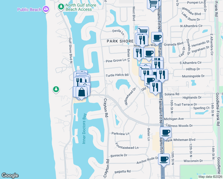 map of restaurants, bars, coffee shops, grocery stores, and more near 4042 Crayton Road in Naples