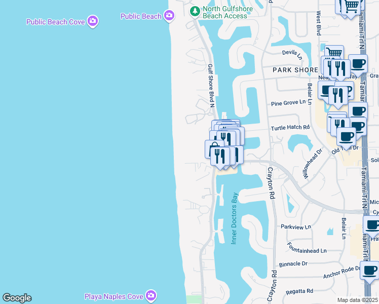 map of restaurants, bars, coffee shops, grocery stores, and more near 4101 Gulf Shore Boulevard North in Naples