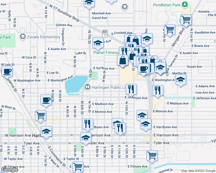map of restaurants, bars, coffee shops, grocery stores, and more near 699 North 10th Street in Harlingen