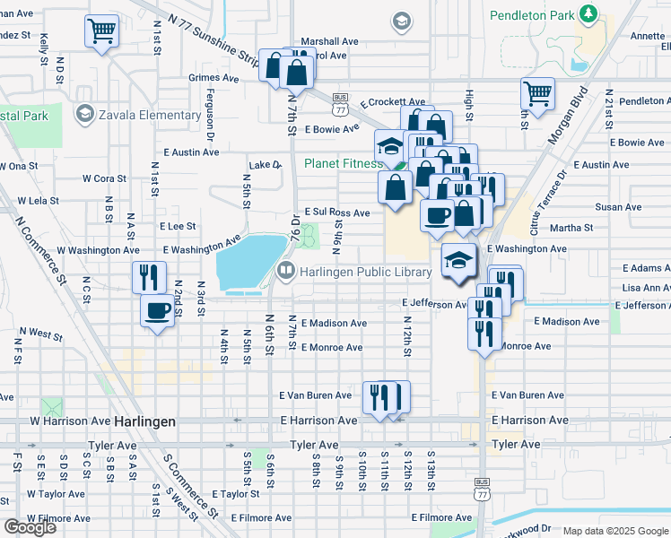 map of restaurants, bars, coffee shops, grocery stores, and more near 811 E Washington Ave in Harlingen