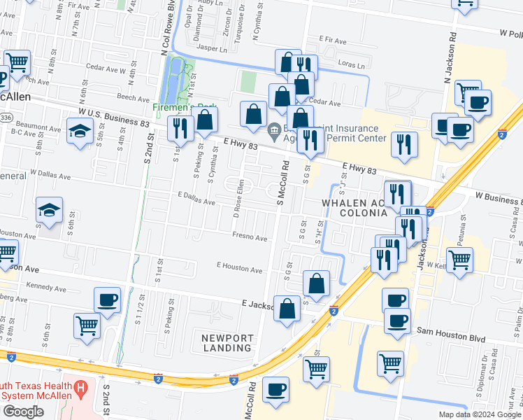 map of restaurants, bars, coffee shops, grocery stores, and more near 625 East Dallas Avenue in McAllen