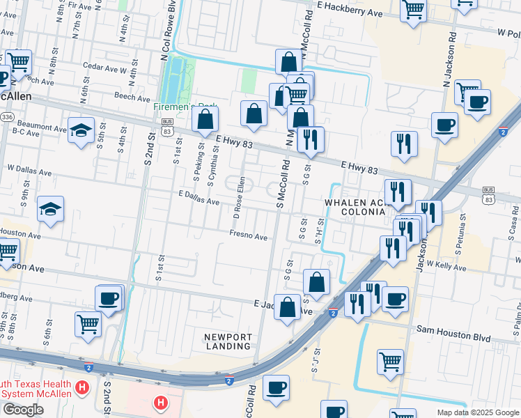 map of restaurants, bars, coffee shops, grocery stores, and more near 625 East Dallas Avenue in McAllen