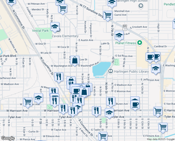 map of restaurants, bars, coffee shops, grocery stores, and more near 221 East Adams Avenue in Harlingen