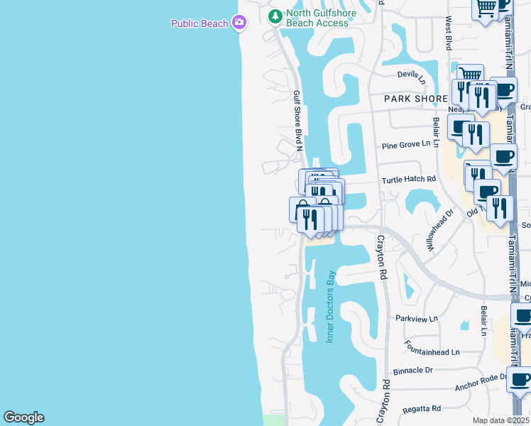 map of restaurants, bars, coffee shops, grocery stores, and more near 4101 Gulf Shore Boulevard North in Naples