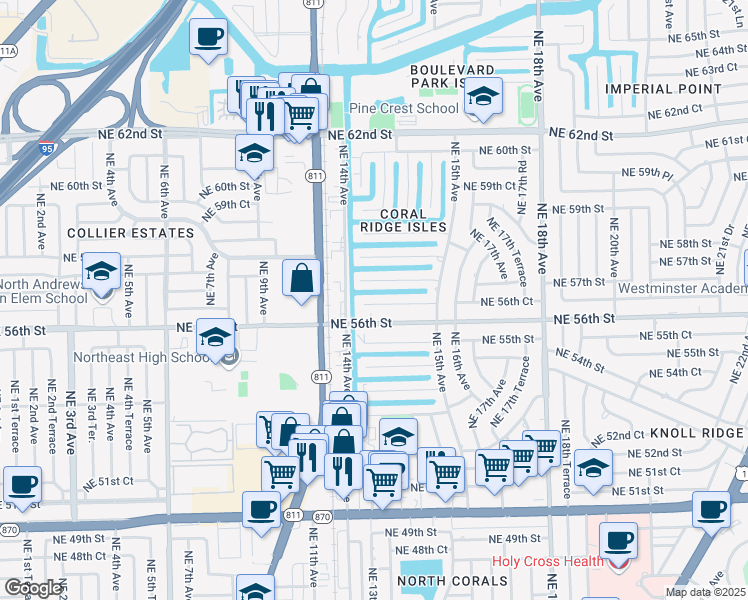 map of restaurants, bars, coffee shops, grocery stores, and more near 1417 Northeast 56th Court in Fort Lauderdale
