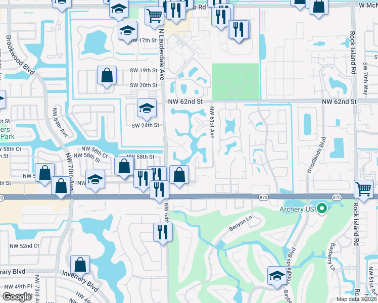 map of restaurants, bars, coffee shops, grocery stores, and more near 5851 Northwest 62nd Avenue in Tamarac