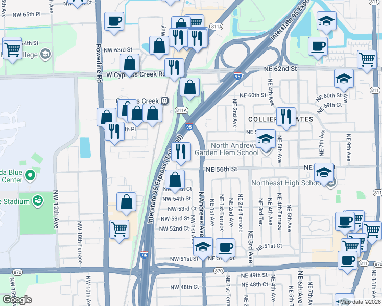 map of restaurants, bars, coffee shops, grocery stores, and more near 135 Northwest 57th Street in Oakland Park