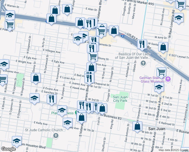 map of restaurants, bars, coffee shops, grocery stores, and more near 906 West Mesquite Street in San Juan