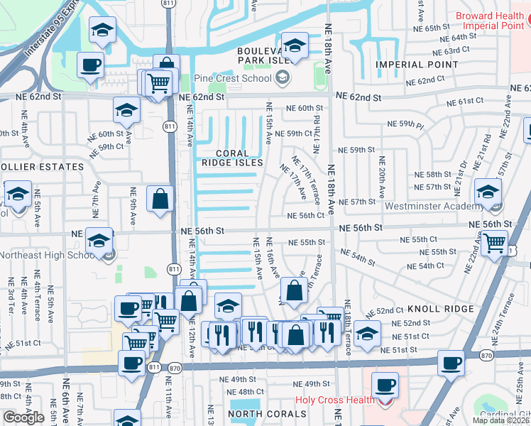 map of restaurants, bars, coffee shops, grocery stores, and more near 5631 Northeast 16th Avenue in Fort Lauderdale