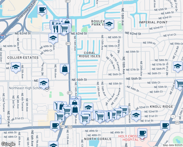 map of restaurants, bars, coffee shops, grocery stores, and more near 1461 Northeast 56th Court in Fort Lauderdale