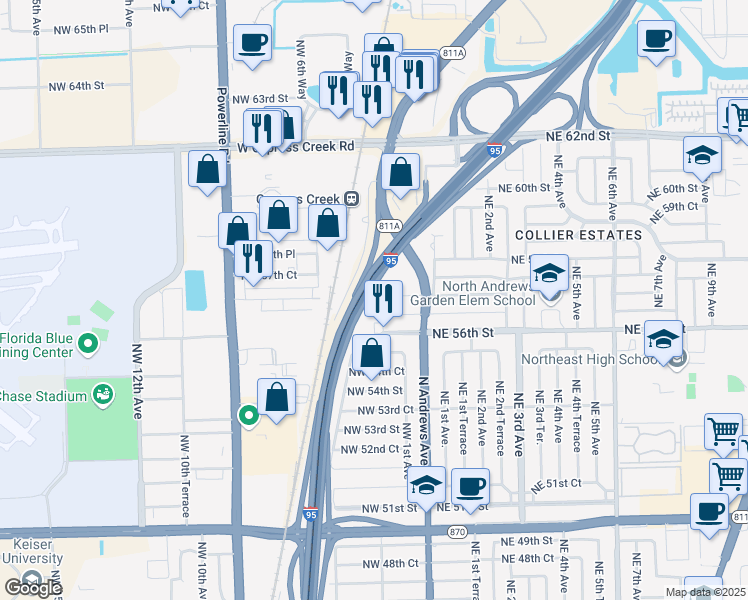 map of restaurants, bars, coffee shops, grocery stores, and more near 324 Northwest 57th Street in Oakland Park