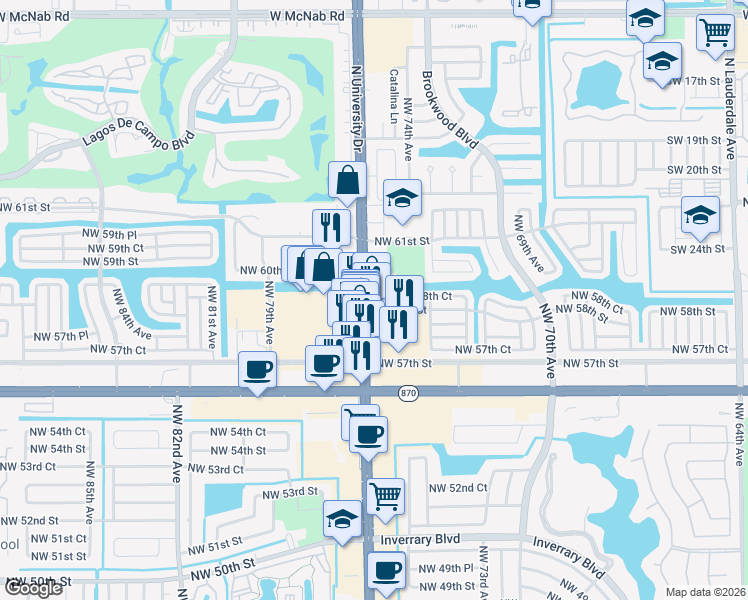 map of restaurants, bars, coffee shops, grocery stores, and more near 5810 North University Drive in Tamarac