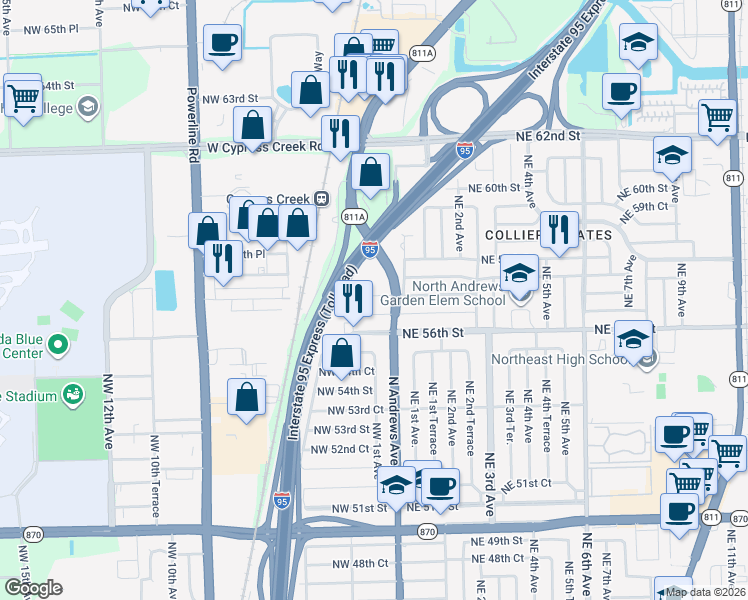 map of restaurants, bars, coffee shops, grocery stores, and more near 135 Northwest 57th Street in Oakland Park