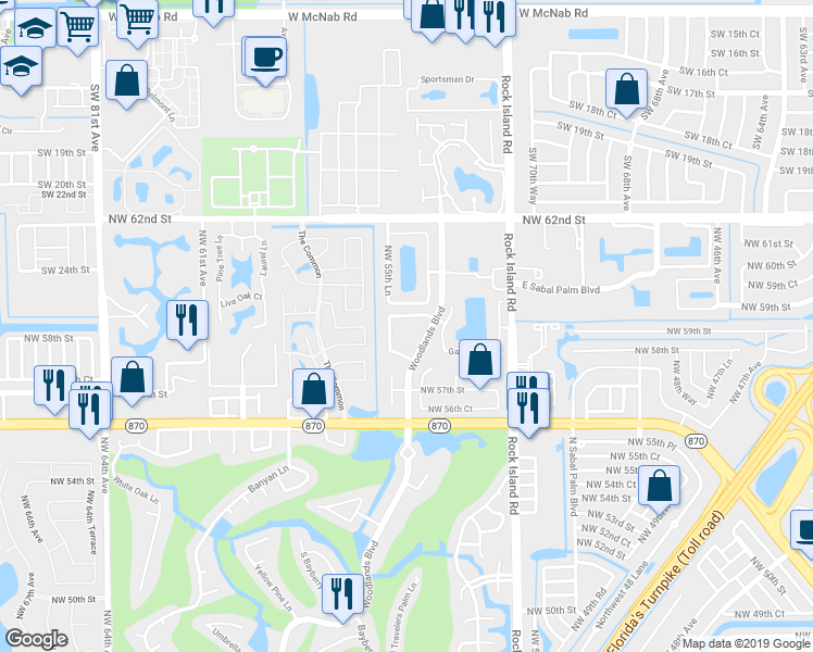 map of restaurants, bars, coffee shops, grocery stores, and more near 5880 Northwest 57th Avenue in Tamarac
