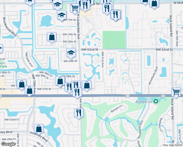 map of restaurants, bars, coffee shops, grocery stores, and more near 5851 Northwest 62nd Avenue in Tamarac
