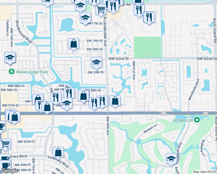 map of restaurants, bars, coffee shops, grocery stores, and more near 8140 Southwest 24th Street in North Lauderdale