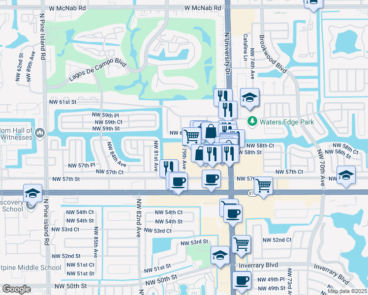 map of restaurants, bars, coffee shops, grocery stores, and more near 5879 North University Drive in Tamarac